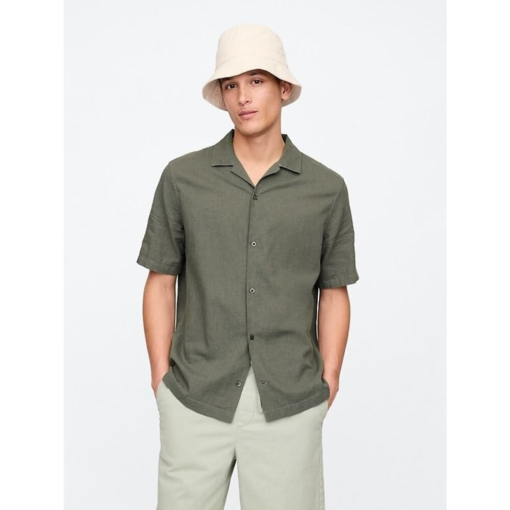 Gap Shirt Men's XL Green Button Linen Short Sleeve Standard Fit Vacay Mesculen